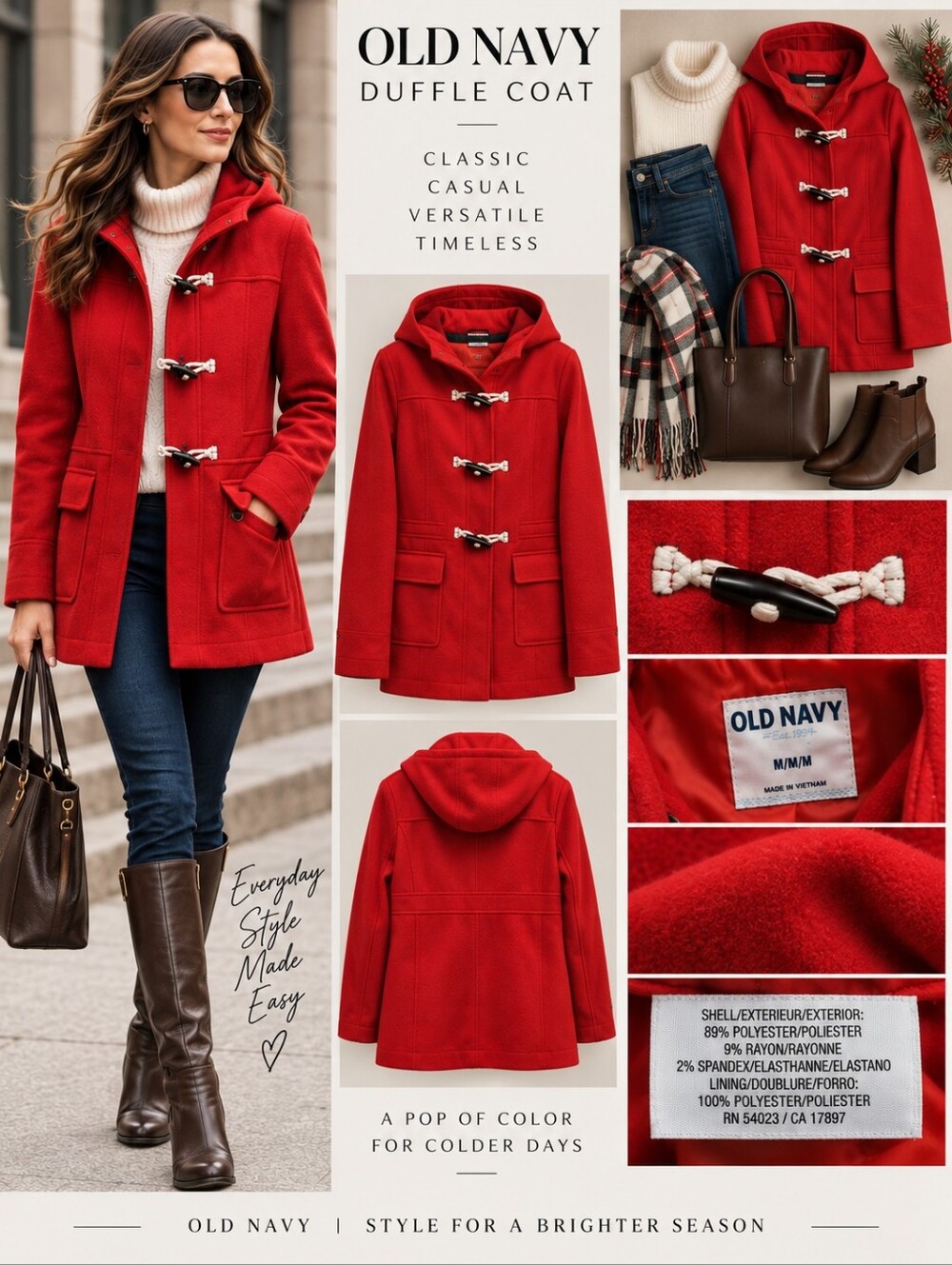 Old Navy Duffle Radiant Red Coat Soft Brushed London Street Style - M